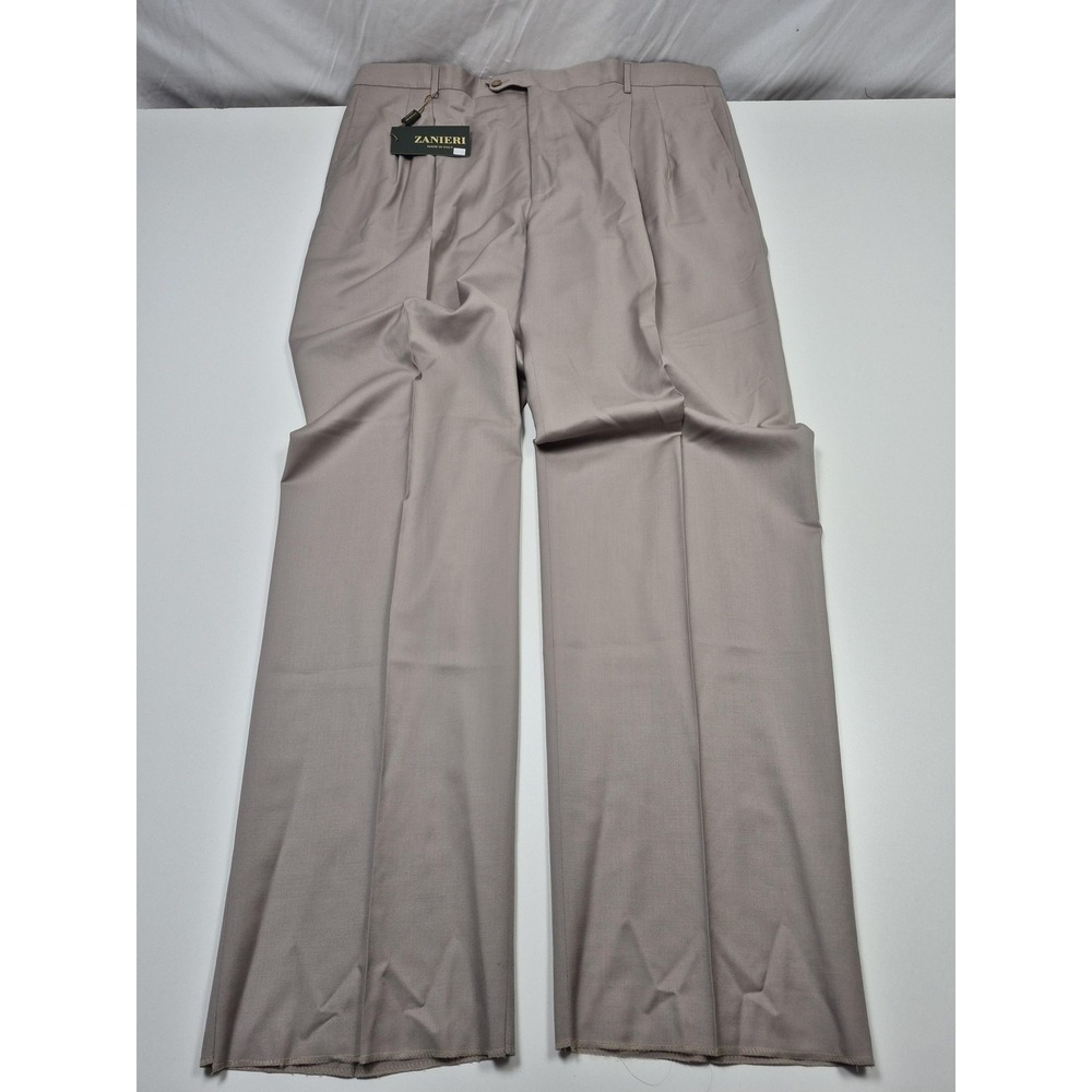 Zanieri Dress Pants Mens 44x36 Beige Wool Pleated Super 100s Unhemmed Italy NWT